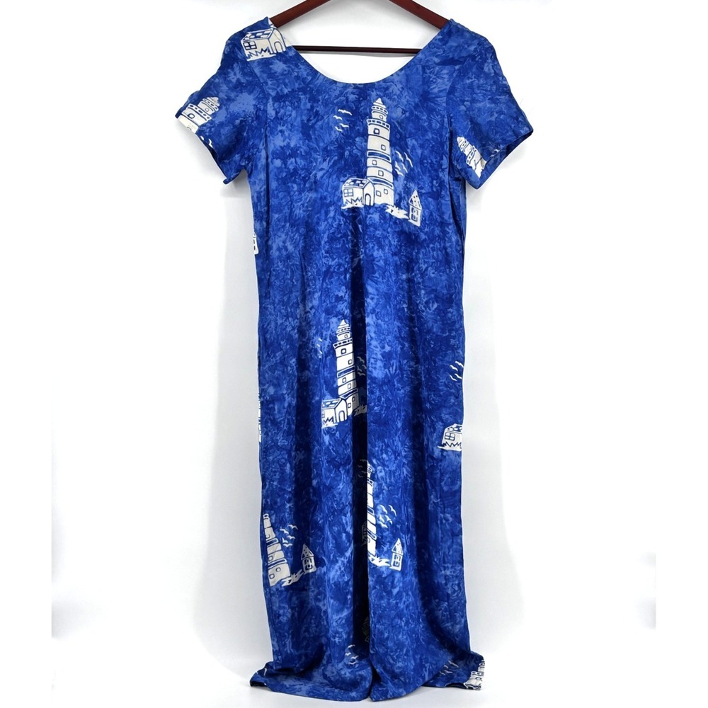 Vtg Club Mystique Lighthouse Batik Print Maxi Dress Sz M Coastal Beach Boho Arts